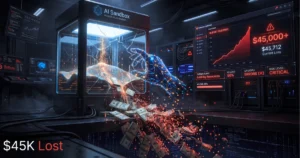 AI sandbox experiment cracking open in a data center as digital money spills out, with a dashboard showing $45,000+ losses and rising enterprise AI costs