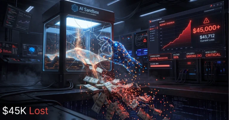 AI sandbox experiment cracking open in a data center as digital money spills out, with a dashboard showing $45,000+ losses and rising enterprise AI costs
