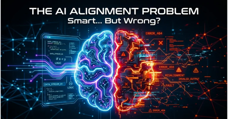 Futuristic AI visualization with glowing neural network lines and glitching distorted text, symbolizing the AI alignment problem and incorrect decision-making