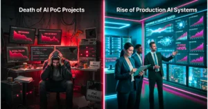 Failed AI PoC projects vs successful production AI systems with real-time dashboards and business teams