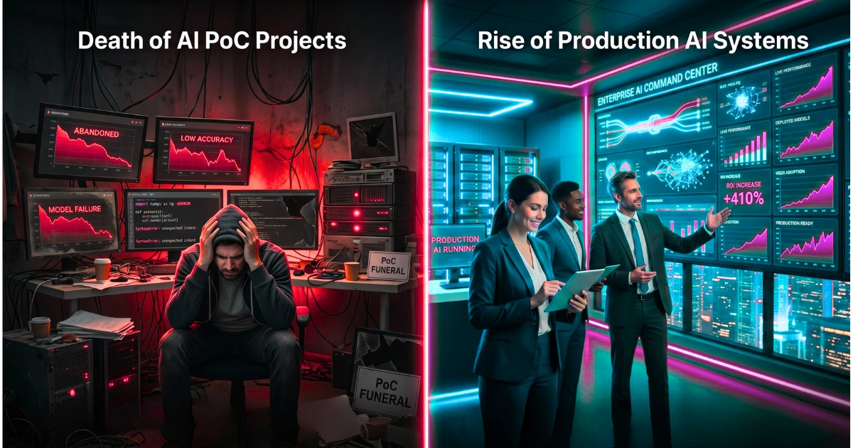 Failed AI PoC projects vs successful production AI systems with real-time dashboards and business teams