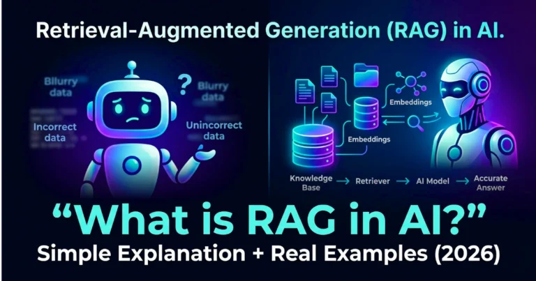 Illustration of Retrieval-Augmented Generation (RAG) in AI showing a confused chatbot with incorrect data on the left and an advanced AI retrieving accurate information from a knowledge base using embeddings on the right, with the text “What is RAG in AI? Simple Explanation + Real Examples (2026)”