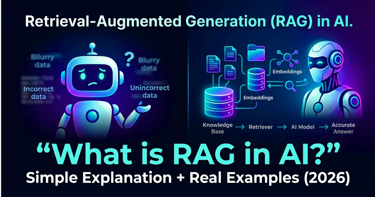 Illustration of Retrieval-Augmented Generation (RAG) in AI showing a confused chatbot with incorrect data on the left and an advanced AI retrieving accurate information from a knowledge base using embeddings on the right, with the text “What is RAG in AI? Simple Explanation + Real Examples (2026)”