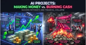 AI project success vs failure illustration showing profitable AI systems with revenue growth and dashboards versus failed AI projects with burning cash, server crashes, and operational collapse.