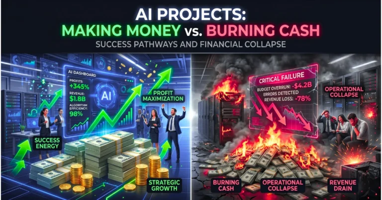 AI project success vs failure illustration showing profitable AI systems with revenue growth and dashboards versus failed AI projects with burning cash, server crashes, and operational collapse.