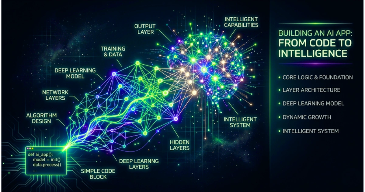 “Diagram showing how to build an AI app from scratch, including code, deep learning layers, data training, and intelligent system architecture”