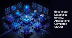 Futuristic AI system architecture showing interconnected vector databases, embeddings, and neural networks powering RAG applications with data pipelines and analytics dashboards (2026)