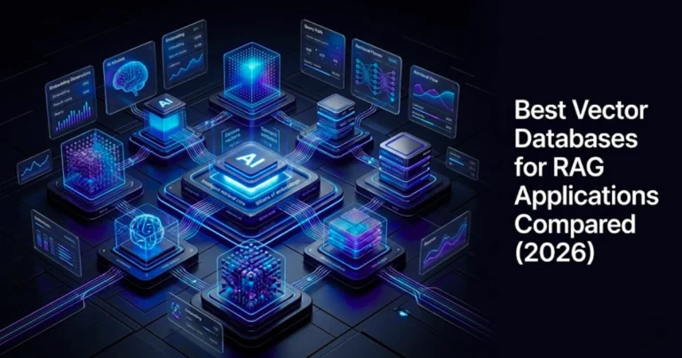 Futuristic AI system architecture showing interconnected vector databases, embeddings, and neural networks powering RAG applications with data pipelines and analytics dashboards (2026)