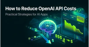 visual of AI system optimization with decreasing cost graph and token usage dashboard, representing how to reduce OpenAI API costs for AI apps
