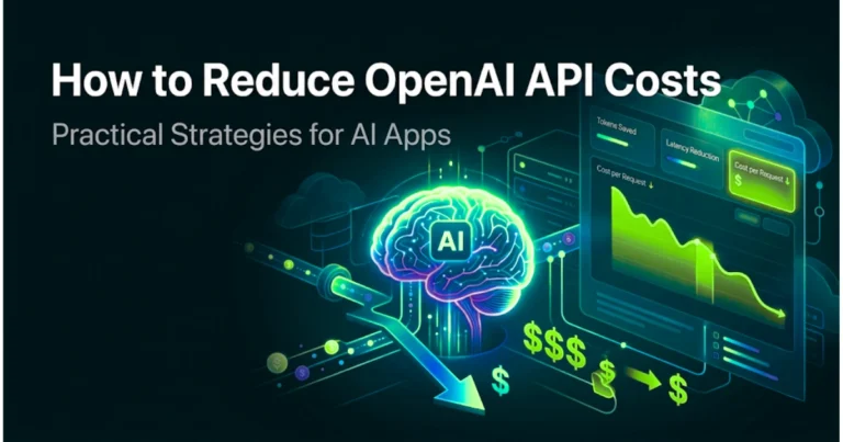 visual of AI system optimization with decreasing cost graph and token usage dashboard, representing how to reduce OpenAI API costs for AI apps