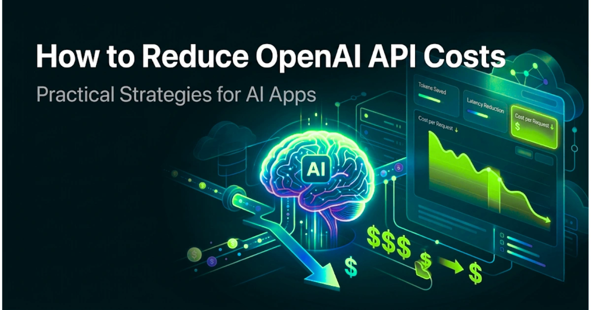 visual of AI system optimization with decreasing cost graph and token usage dashboard, representing how to reduce OpenAI API costs for AI apps