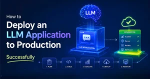 Futuristic illustration of deploying an LLM application to production, showing a glowing AI model pipeline from development to a secure, scalable production environment with monitoring and evaluation steps.