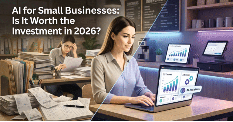 Small business owner using AI tools on a laptop in a modern café, contrasted with a stressed worker managing paperwork manually, illustrating before-and-after AI adoption and productivity improvement in 2026.