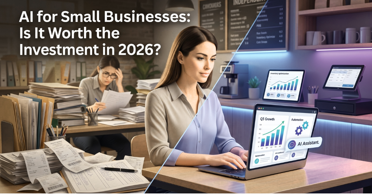 Small business owner using AI tools on a laptop in a modern café, contrasted with a stressed worker managing paperwork manually, illustrating before-and-after AI adoption and productivity improvement in 2026.