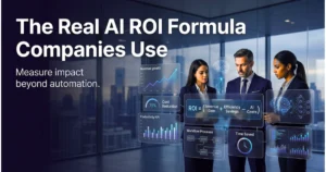 AI ROI formula visualization with business team reviewing cost savings, efficiency gains, and revenue growth analytics dashboards