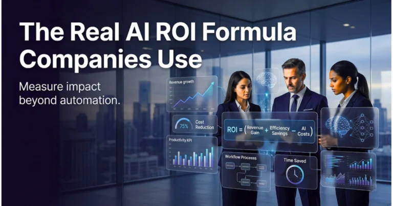 AI ROI formula visualization with business team reviewing cost savings, efficiency gains, and revenue growth analytics dashboards