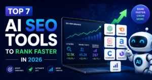 Top 7 AI SEO tools to rank faster in 2026 with growth chart, dashboard analytics, and AI assistant illustration