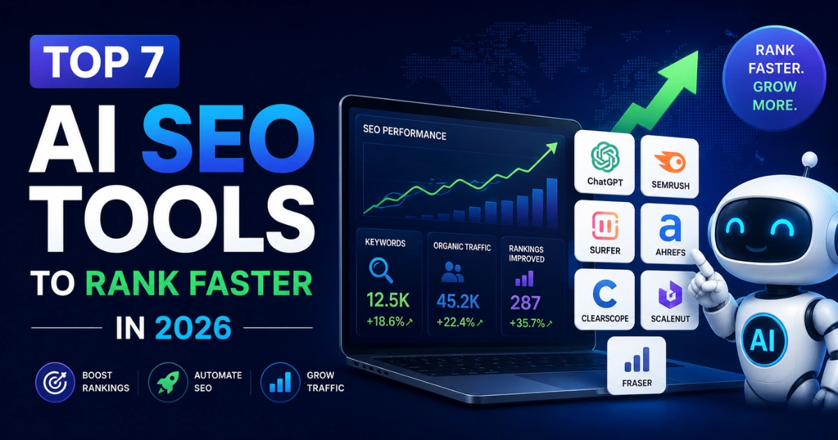 Top 7 AI SEO tools to rank faster in 2026 with growth chart, dashboard analytics, and AI assistant illustration