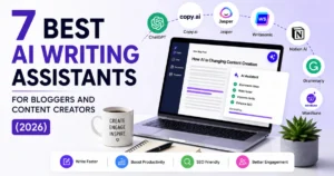 Illustration of 7 best AI writing assistants for bloggers and content creators in 2026, showing tools like ChatGPT, Jasper, and Grammarly on a laptop workspace