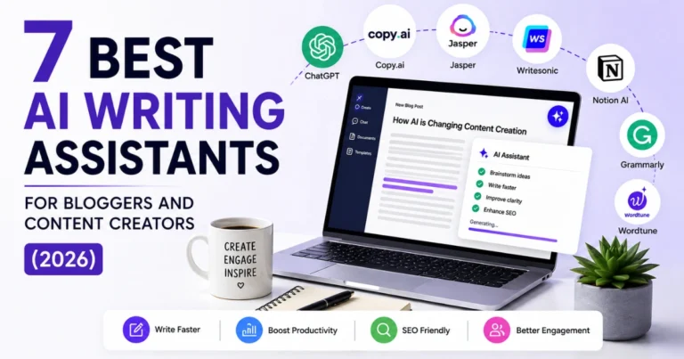 Illustration of 7 best AI writing assistants for bloggers and content creators in 2026, showing tools like ChatGPT, Jasper, and Grammarly on a laptop workspace