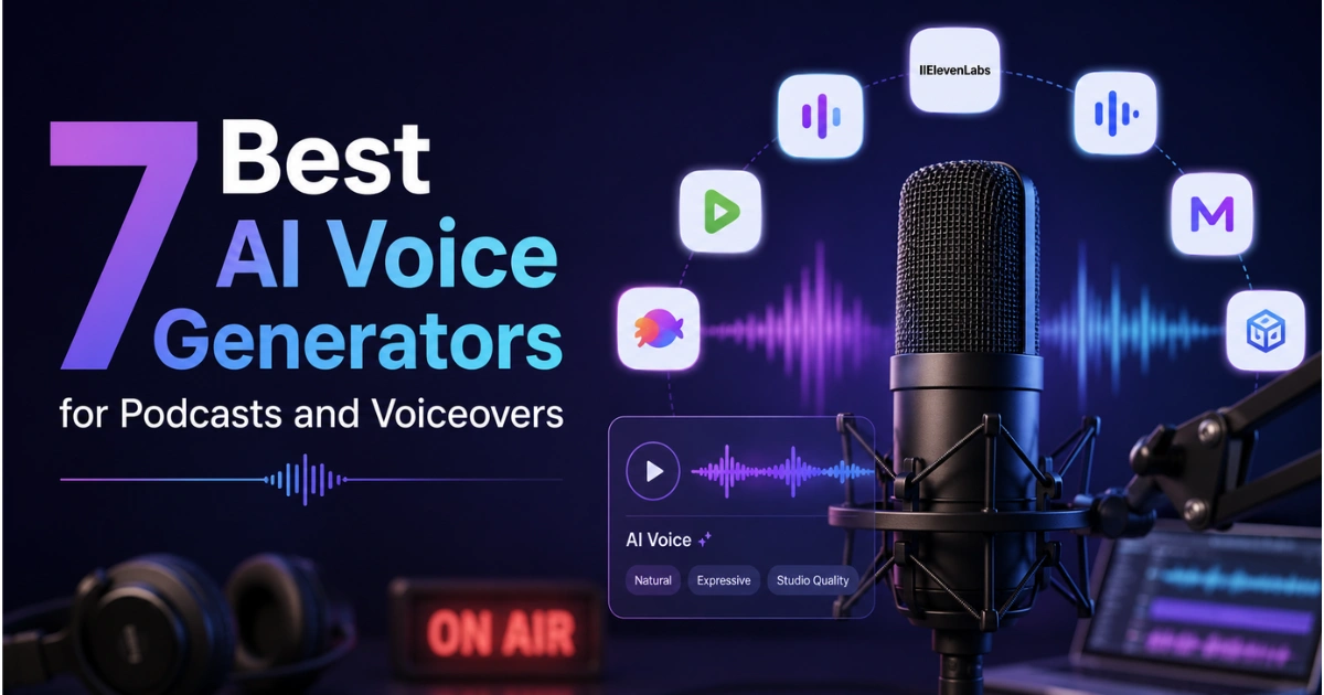 7 best AI voice generators for podcasts and voiceovers with microphone, waveform, and audio AI interface visuals