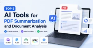 Illustration showing AI-powered PDF summarization and document analysis tools, featuring a laptop, PDF document, AI summary interface, analytics dashboards, and popular document AI platforms for faster research and workflow automation.