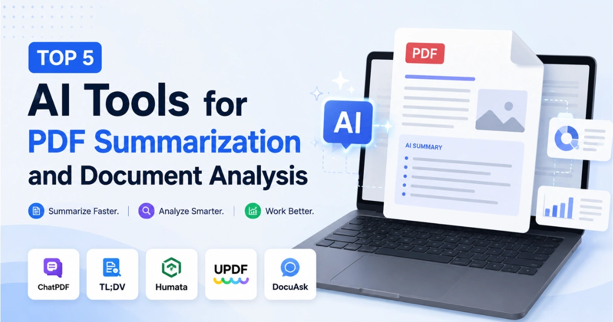 Illustration showing AI-powered PDF summarization and document analysis tools, featuring a laptop, PDF document, AI summary interface, analytics dashboards, and popular document AI platforms for faster research and workflow automation.