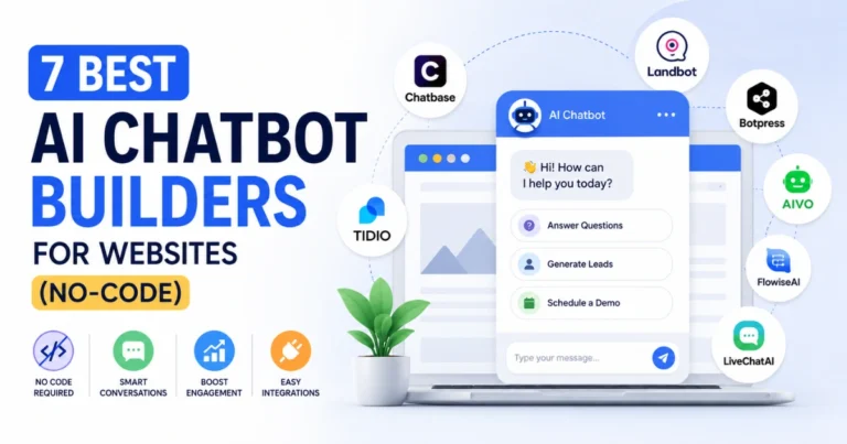 Illustration of the 7 best AI chatbot builders for websites, featuring a no-code AI chatbot interface, website integrations, lead generation tools, and popular chatbot platforms for customer support and engagement.