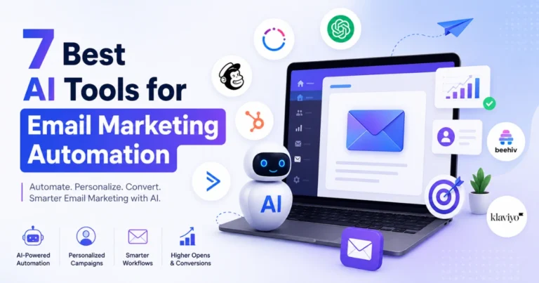 "Feature image showing the best AI tools for email marketing automation with AI-powered email campaigns, automation workflows, personalization, and analytics dashboard."