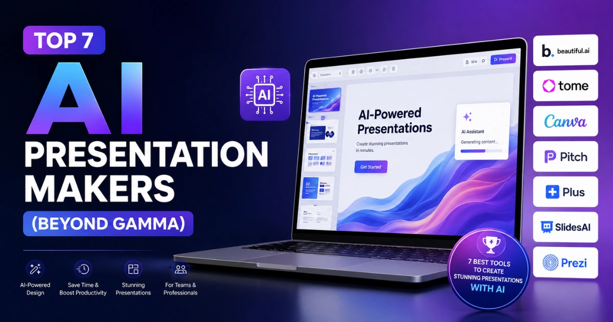 Top 7 AI presentation makers beyond Gamma displayed on a laptop with AI-powered presentation design interface and popular presentation tool logos.