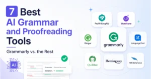 "Feature image showing the 7 best AI grammar and proofreading tools, including Grammarly and leading alternatives for writing, editing, and proofreading in 2026."