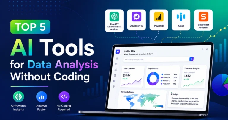 Top 5 AI tools for data analysis without coding displayed on a modern analytics dashboard with AI-powered insights, charts, and no-code workflow.