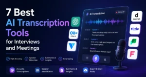 Feature image showing the 7 best AI transcription tools for interviews and meetings with speech-to-text interface, audio waveform, microphone, and AI app icons.