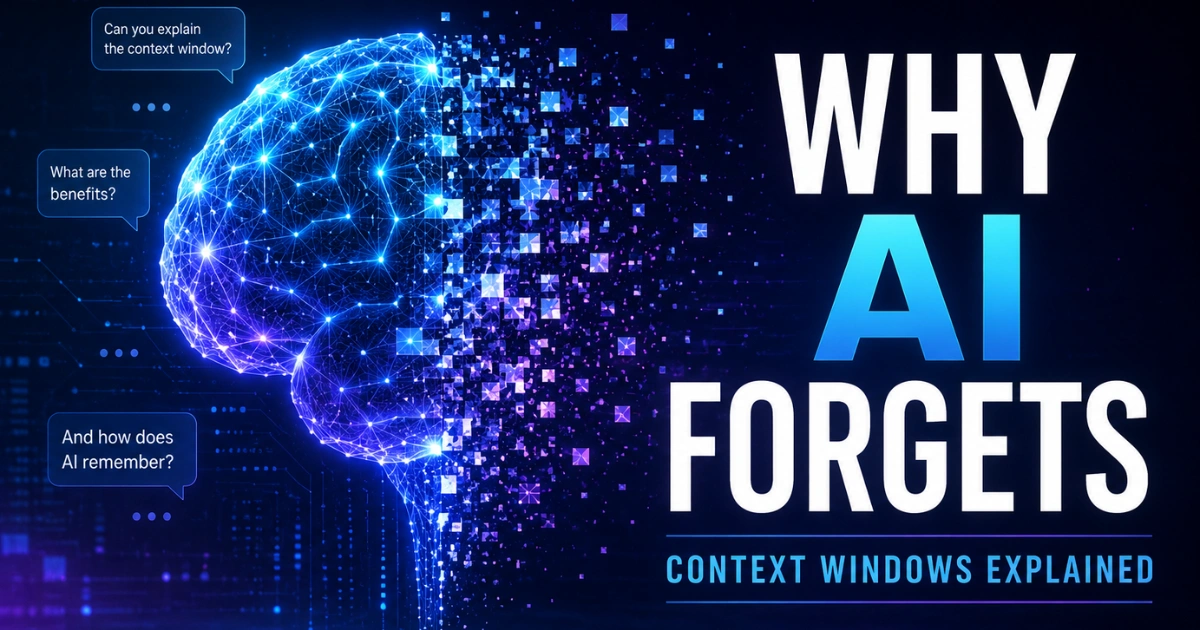 “Glowing AI brain dissolving into digital particles illustrating how context windows cause AI to forget mid-conversation”