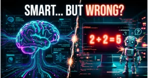 Futuristic AI brain contrasted with a robot making a simple math mistake (2+2=5), illustrating how advanced AI can still get basic things wrong
