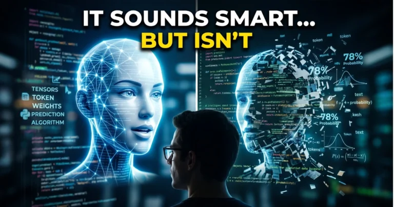 Futuristic AI interface showing a human observing a digital humanoid face with neural network overlays, contrasted with a fragmented AI head displaying probability stats and code, with the text “It sounds smart… but isn’t."