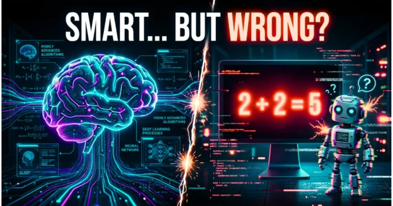 Futuristic AI brain contrasted with a robot making a simple math mistake (2+2=5), illustrating how advanced AI can still get basic things wrong