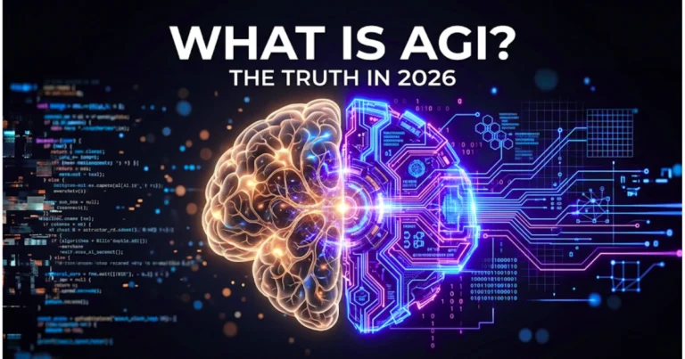 Artificial General Intelligence concept image with human brain merging into AI neural network, titled “What Is AGI? The Truth in 2026”