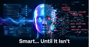 Futuristic AI face split in half, one side showing advanced neural networks and data processing, the other side glitching with error messages like critical failure and logic exception.