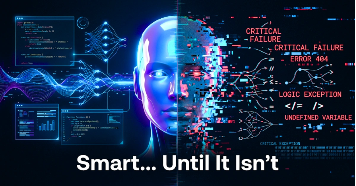 Futuristic AI face split in half, one side showing advanced neural networks and data processing, the other side glitching with error messages like critical failure and logic exception.