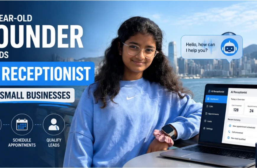 "12-year-old founder Mana Jampala showcasing her AI receptionist platform designed to help small businesses automate customer calls and appointments."