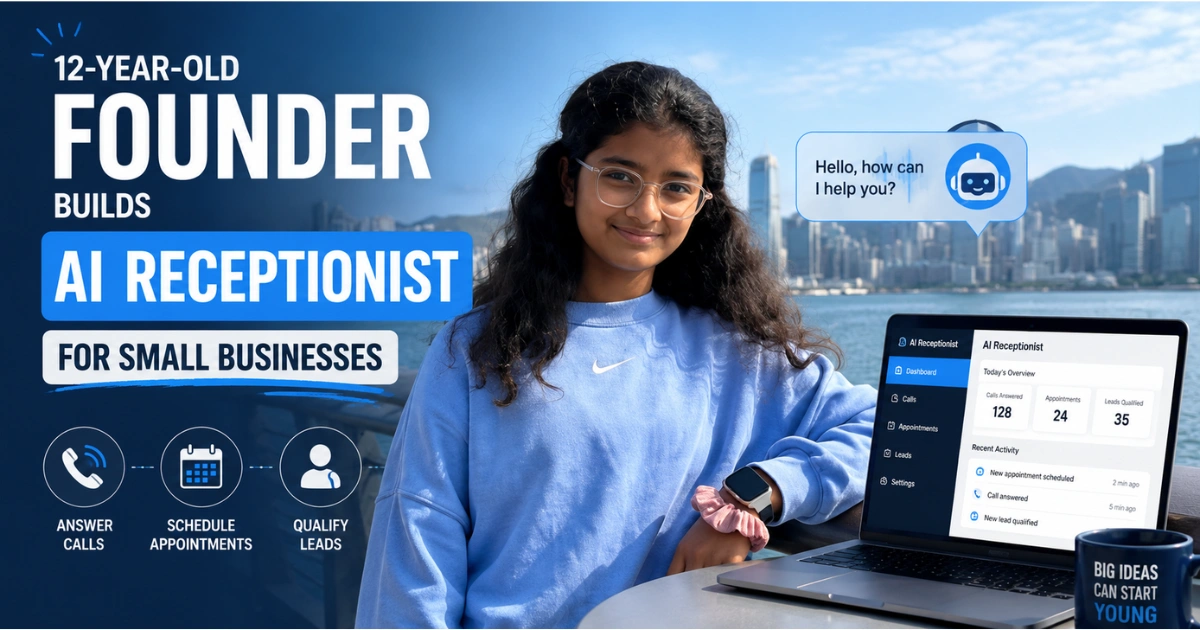 "12-year-old founder Mana Jampala showcasing her AI receptionist platform designed to help small businesses automate customer calls and appointments."