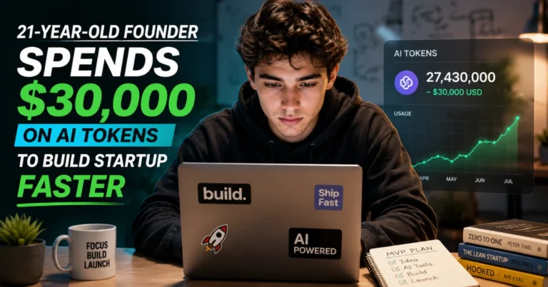 21-year-old startup founder working on a laptop with AI dashboard graphics, symbolizing a $30,000 investment in AI tokens to accelerate startup development and product building.