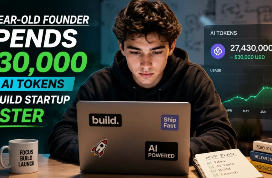 21-year-old startup founder working on a laptop with AI dashboard graphics, symbolizing a $30,000 investment in AI tokens to accelerate startup development and product building.