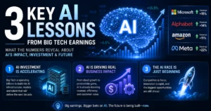 AI brain, financial charts, and Big Tech company panels illustrating three key AI lessons from earnings: accelerating investment, real business impact, and intensifying AI competition.