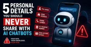 Illustration of an AI chatbot on a smartphone with warning icons and sensitive personal information, highlighting the importance of protecting privacy when using AI chatbots.