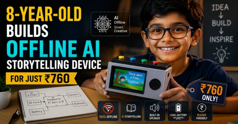 8-year-old holding a homemade offline AI storytelling device with a built-in screen and speaker, highlighting a low-cost ₹760 innovation for AI-powered storytelling without internet access.