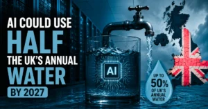 AI-themed illustration showing a UK map, data center servers, a running water tap, and an AI chip in water, representing concerns that AI could consume up to half of the UK's annual water supply by 2027.