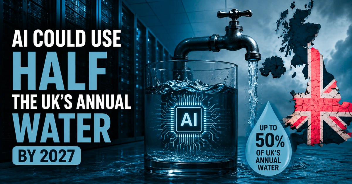 AI-themed illustration showing a UK map, data center servers, a running water tap, and an AI chip in water, representing concerns that AI could consume up to half of the UK's annual water supply by 2027.