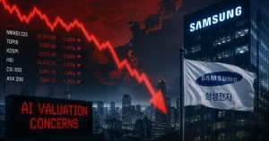 Asia stock markets decline amid AI valuation concerns, with Samsung headquarters and a falling market chart illustrating investor uncertainty despite strong earnings.